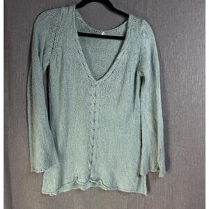 Margaret O'Leary Women's S/M Cable Knit V-Neck Sweater Green Blue‎